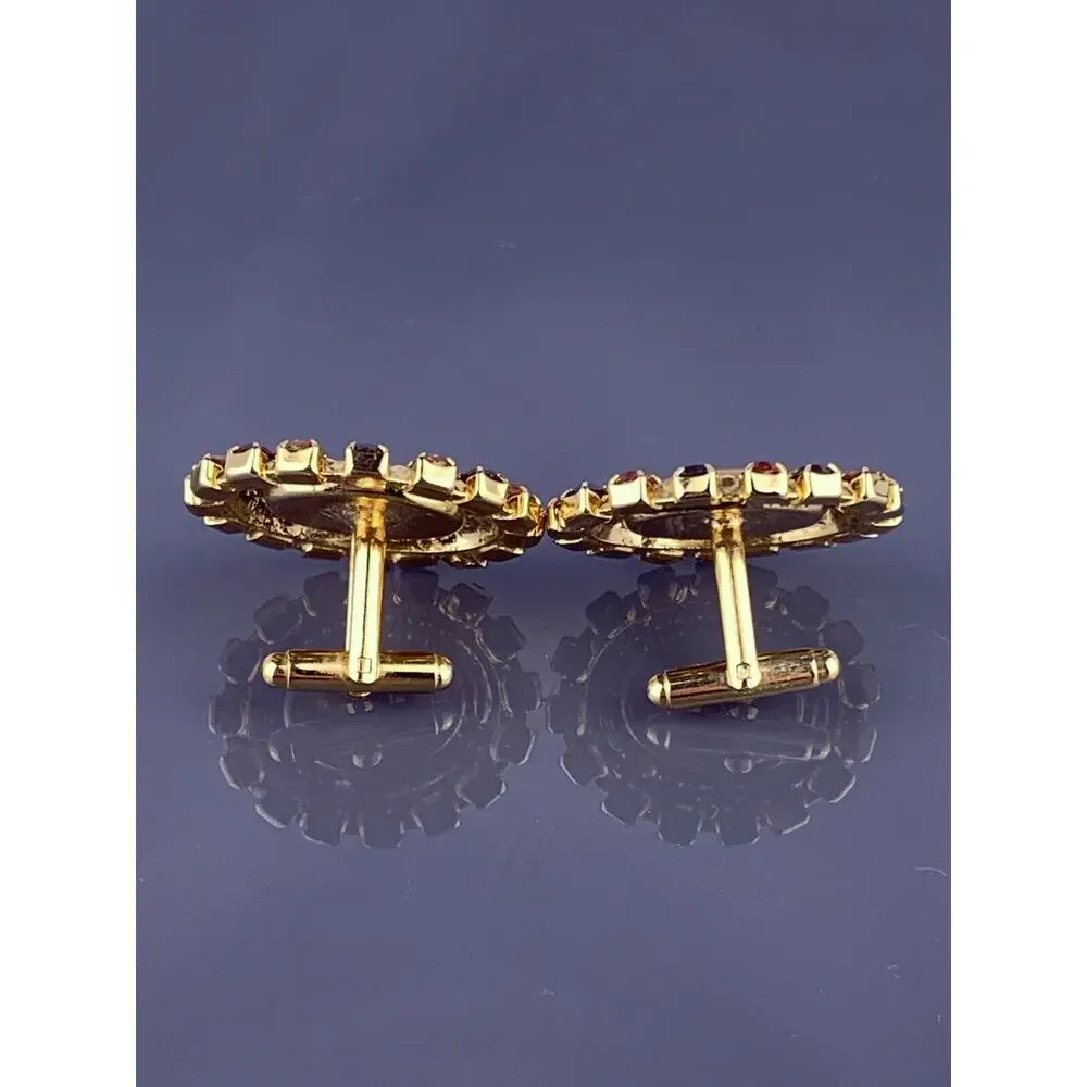Large Yellow Carnelian Cabochon Cufflinks Gold Tone Rhinestones Orange Brown VTG